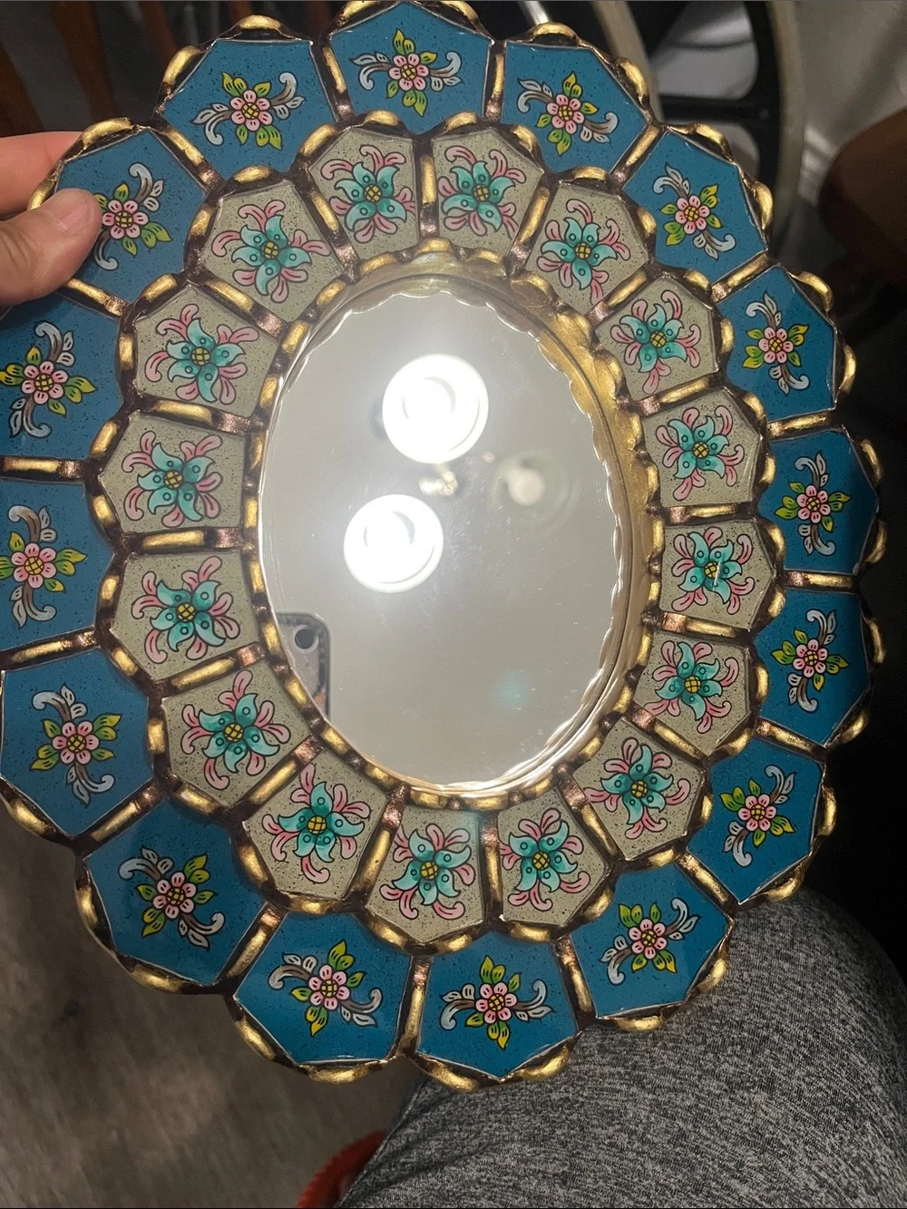 Hand-Painted Teal Floral Decorative Wall Mirror - Unbranded